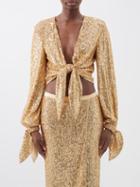 Tom Ford - Knot-front Sequinned-mesh Cropped Top - Womens - Gold
