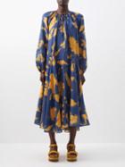 Lee Mathews - Malorie Long-sleeved Floral-print Dress - Womens - Navy Orange