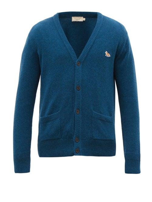 Matchesfashion.com Maison Kitsun - Fox Appliqu Wool Cardigan - Mens - Mid Blue