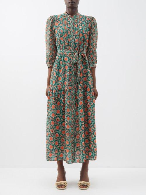 Saloni - Remi-c Floral-print Tie-waist Silk Midi Dress - Womens - Green Multi