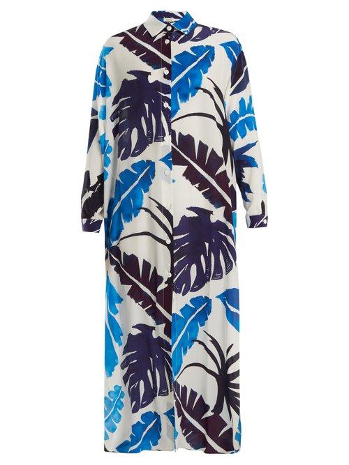Matchesfashion.com Kalmar - Point Collar Palm Print Silk Crepe De Chine Kaftan - Womens - White Multi