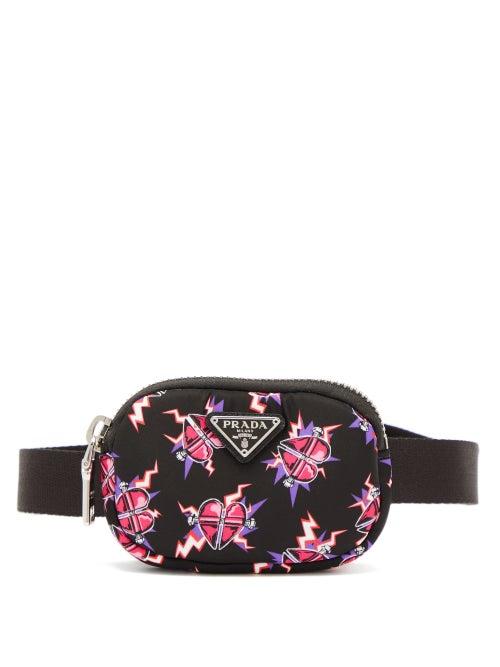 Matchesfashion.com Prada - Heart Print Nylon Belt Bag - Womens - Black Pink