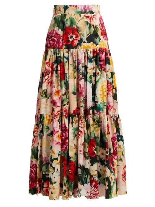 Matchesfashion.com Dolce & Gabbana - Tiered Floral Print Cotton Skirt - Womens - White Multi