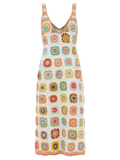 Ale Mais - V-neck Crocheted Cotton Midi Dress - Womens - White Multi