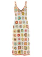 Ale Mais - V-neck Crocheted Cotton Midi Dress - Womens - White Multi