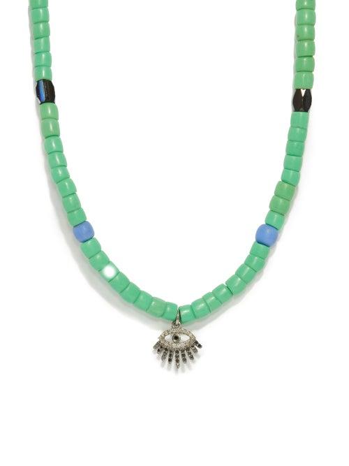 Matchesfashion.com Musa By Bobbie - Diamond Evil Eye-charm Beaded Necklace - Womens - Green