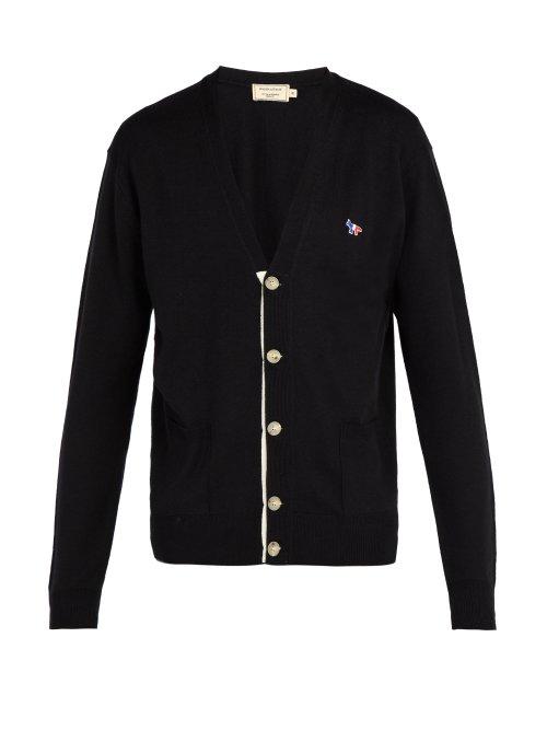 Matchesfashion.com Maison Kitsun - Logo Embroidered Wool Cardigan - Mens - Black