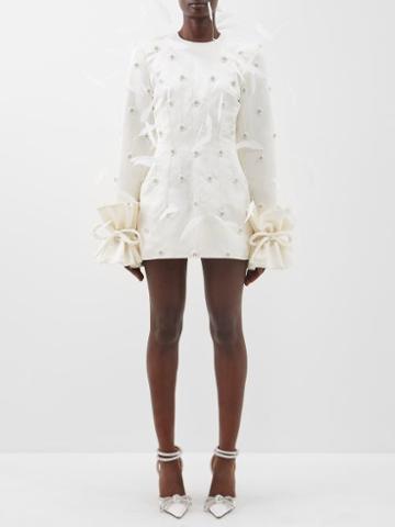 Richard Quinn - Lila Feather And Crystal-appliqu Satin Mini Dress - Womens - White