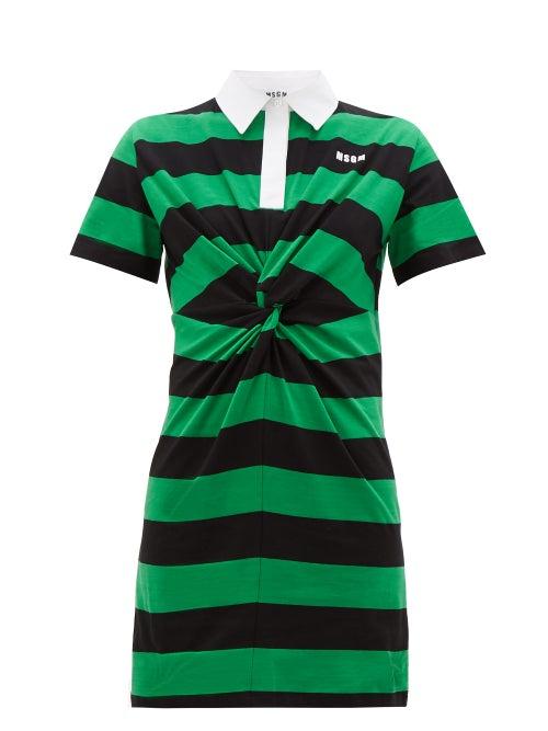 Matchesfashion.com Msgm - Striped Tie-front Cotton-jersey Shirt Dress - Womens - Black Green
