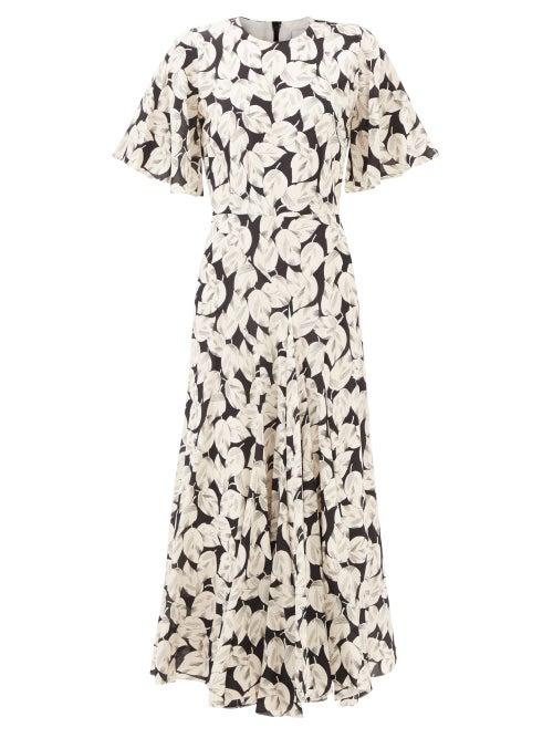 Raey - Godet Short-sleeve Falling Leaves Print Silk Dress - Womens - Ivory Multi
