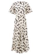 Raey - Godet Short-sleeve Falling Leaves Print Silk Dress - Womens - Ivory Multi