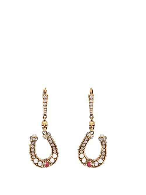 Matchesfashion.com Alexander Mcqueen - Horseshoe Pav Crystal Drop Earrings - Womens - Gold
