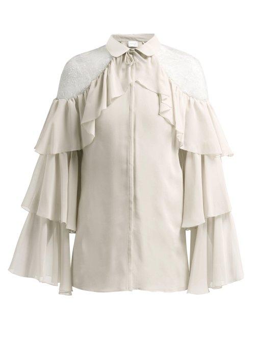 Matchesfashion.com Giambattista Valli - Ruffle And Lace Trimmed Silk Blouse - Womens - Ivory