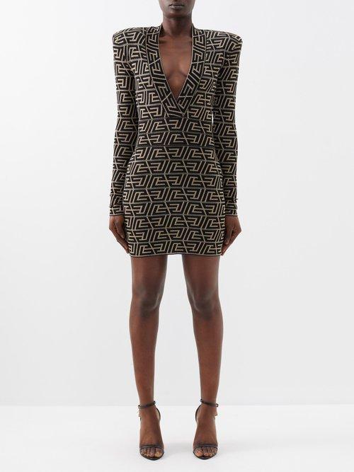 Balmain - Monogram-jacquard Plunge-neck Jersey Mini Dress - Womens - 01bk