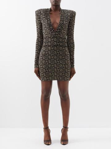 Balmain - Monogram-jacquard Plunge-neck Jersey Mini Dress - Womens - 01bk