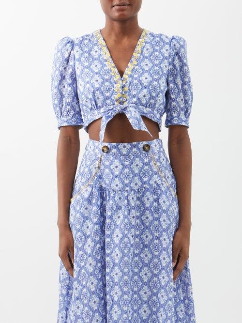 Saloni - Jamie Floral-embroidered Cropped Linen Top - Womens - Blue White