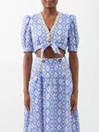 Saloni - Jamie Floral-embroidered Cropped Linen Top - Womens - Blue White