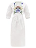 Matchesfashion.com Valentino - Embroidered Cotton-poplin Midi Dress - Womens - White Multi