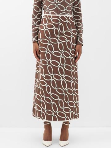 Valentino - Chain-print Wool-blend Maxi Skirt - Womens - Brown White