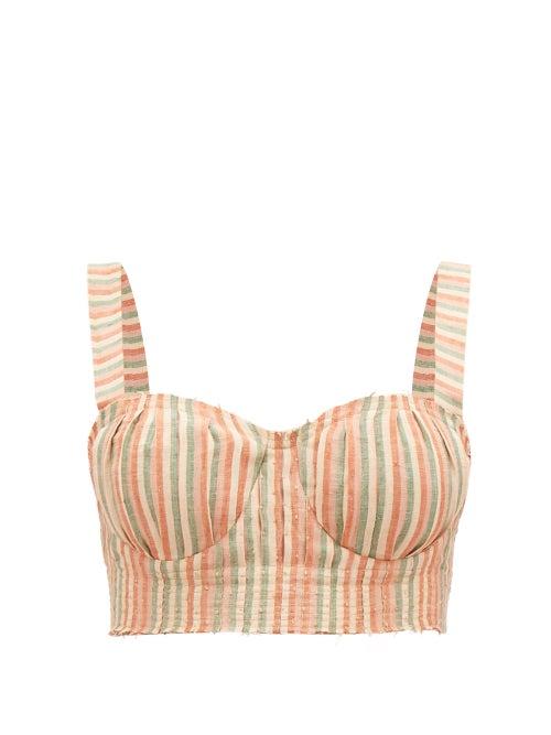 Emporio Sirenuse - Dalia Stripe-print Linen Cropped Top - Womens - Beige Pink