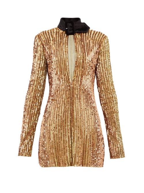 Matchesfashion.com The Attico - Velvet Collar Sequinned Mini Dress - Womens - Gold