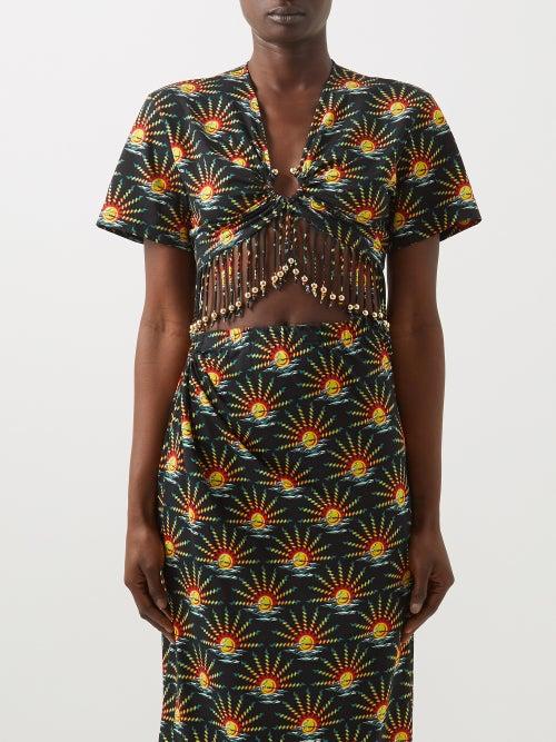 Paco Rabanne - Sunrise-print Fringed Cotton-jersey Cropped Top - Womens - Black Multi