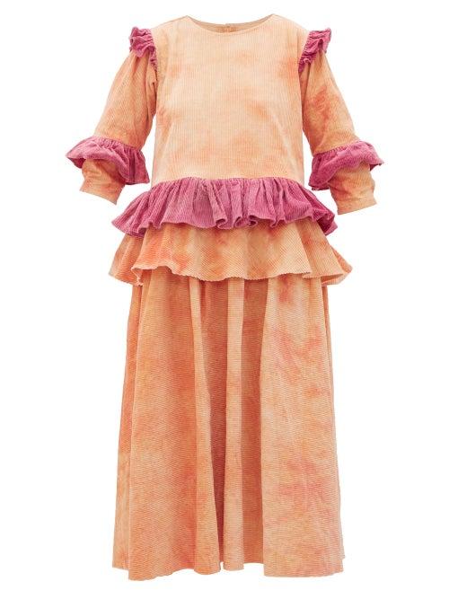 Matchesfashion.com Story Mfg - Tulsi Tie Dyed Ruffled Cotton Corduroy Midi Dress - Womens - Pink