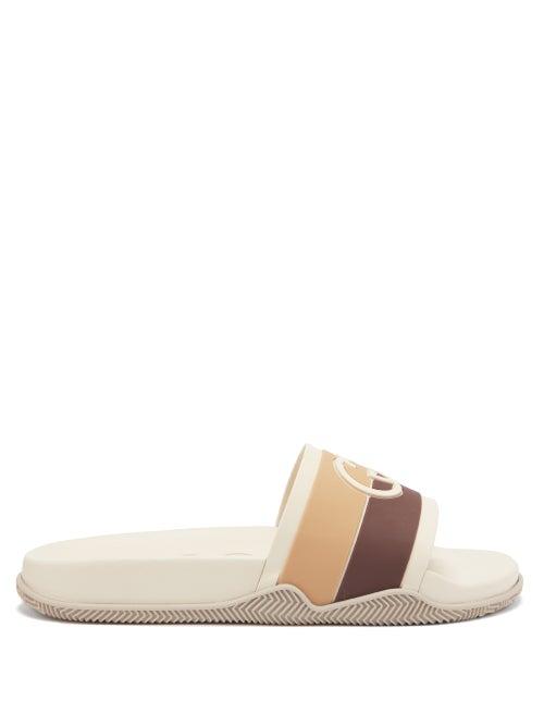 Gucci - Gg Striped Rubber Slides - Mens - White Multi