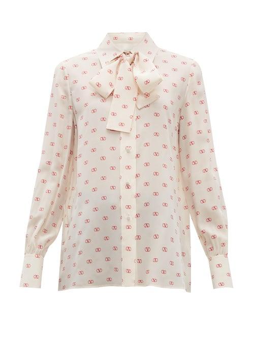 Matchesfashion.com Valentino - V Logo Pussy Bow Silk Blouse - Womens - Ivory Multi