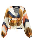 Cala De La Cruz - Aysha Diagonal-stripe Linen Peplum Top - Womens - Brown Print