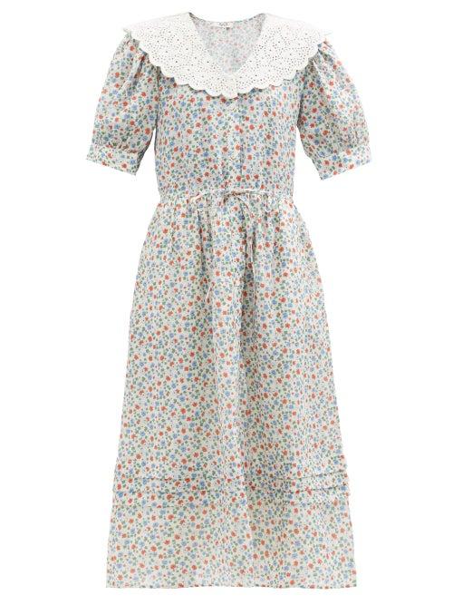 Ladies Rtw Sea - Bubbie Puff-sleeve Floral-print Ramie Midi Dress - Womens - Pink Multi