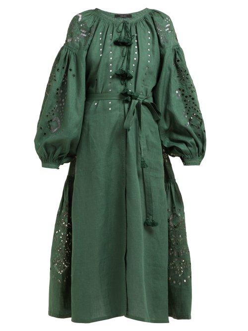 Matchesfashion.com Vita Kin - Cherry Blossoms Broderie Anglaise Linen Midi Dress - Womens - Dark Green