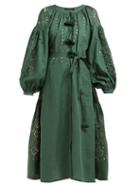 Matchesfashion.com Vita Kin - Cherry Blossoms Broderie Anglaise Linen Midi Dress - Womens - Dark Green