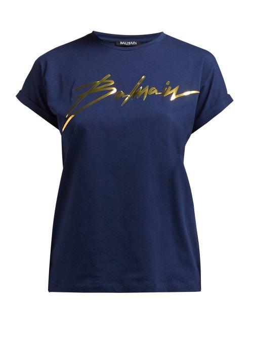 Matchesfashion.com Balmain - Logo Print Cotton T Shirt - Womens - Navy Gold