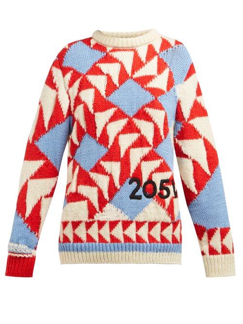 Matchesfashion.com Calvin Klein 205w39nyc - Chunky Knit Intarsia Wool Blend Sweater - Womens - Red Multi
