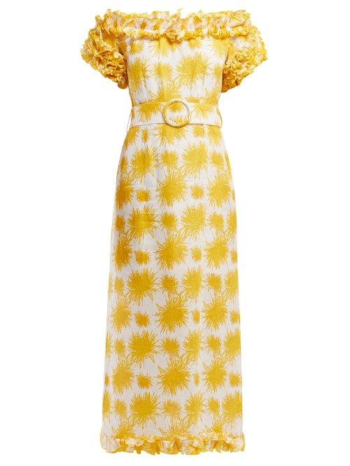Matchesfashion.com Gl Hrgel - Echinus Print Off The Shoulder Linen Midi Dress - Womens - Yellow Print