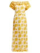 Matchesfashion.com Gl Hrgel - Echinus Print Off The Shoulder Linen Midi Dress - Womens - Yellow Print