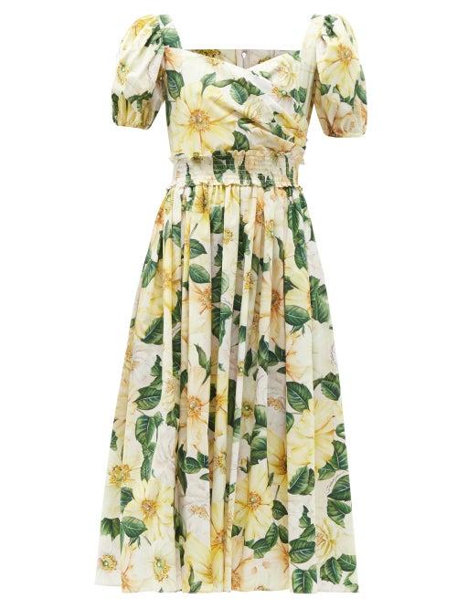 Matchesfashion.com Dolce & Gabbana - Camellia-print Shirred Cotton-poplin Midi Dress - Womens - Yellow Multi