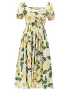 Matchesfashion.com Dolce & Gabbana - Camellia-print Shirred Cotton-poplin Midi Dress - Womens - Yellow Multi