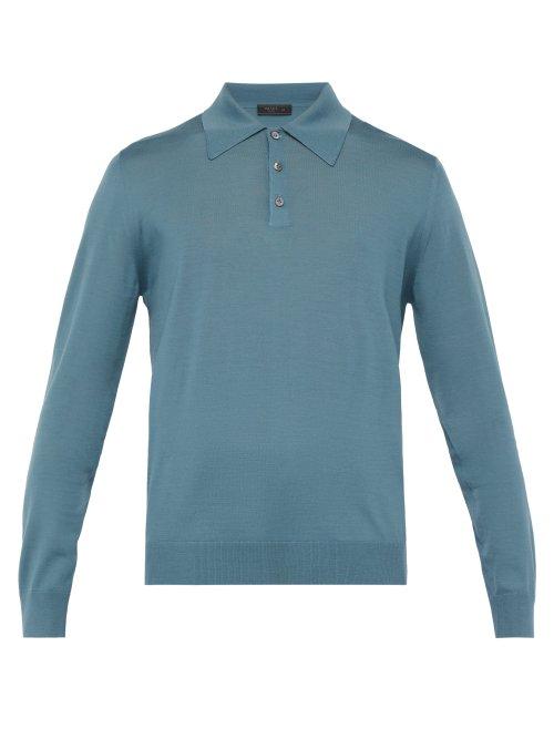 Matchesfashion.com Prada - Long Sleeved Virgin Wool Polo Shirt - Mens - Mid Blue