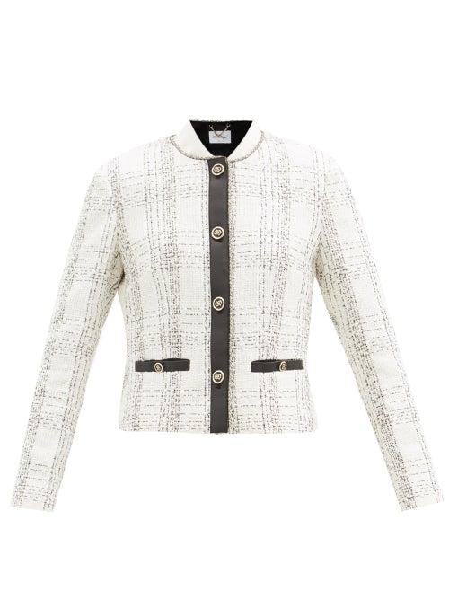 Matchesfashion.com Salvatore Ferragamo - Leather-trim Checked Cotton-blend Boucl Jacket - Womens - White Black