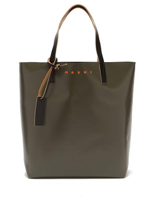 Matchesfashion.com Marni - Logo-print Two-tone Leather Tote Bag - Mens - Green Multi