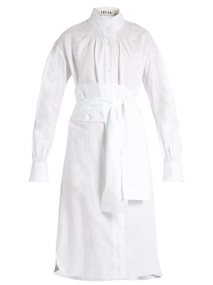 Teija Tie-waist Pleated-edge Linen Dress