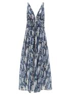 Matchesfashion.com Galanthya - Teresa Plunge-neck Asia-print Cotton Maxi Dress - Womens - Navy Print