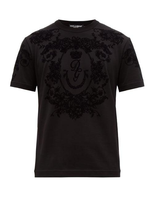 Matchesfashion.com Dolce & Gabbana - Flocked Logo Cotton Jersey T Shirt - Mens - Black