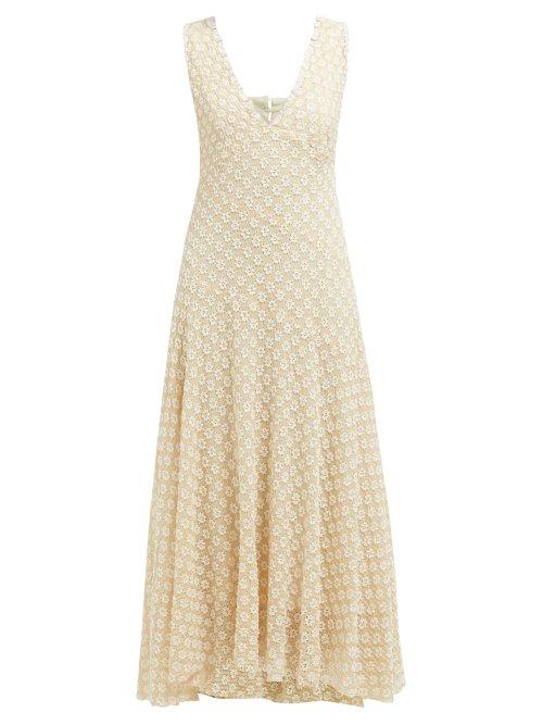 Matchesfashion.com Alexachung - Floral Lace V Neck Midi Dress - Womens - Cream