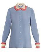 Matchesfashion.com Gucci - Ruffle Trimmed Silk Crepe De Chine Shirt - Womens - Blue Multi