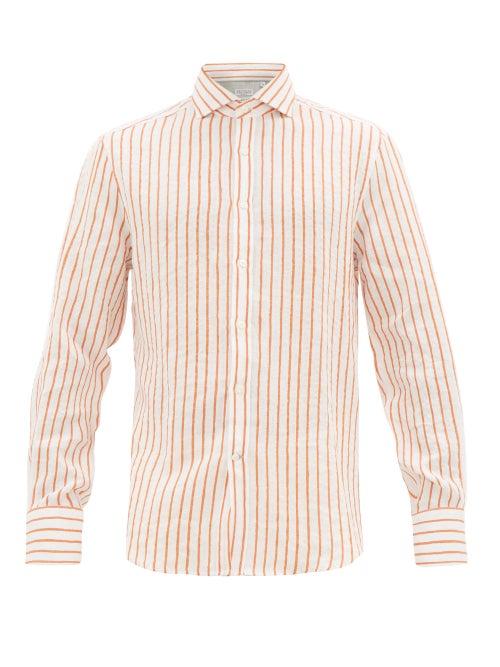 Matchesfashion.com Brunello Cucinelli - French Collar Striped Linen Shirt - Mens - White Multi