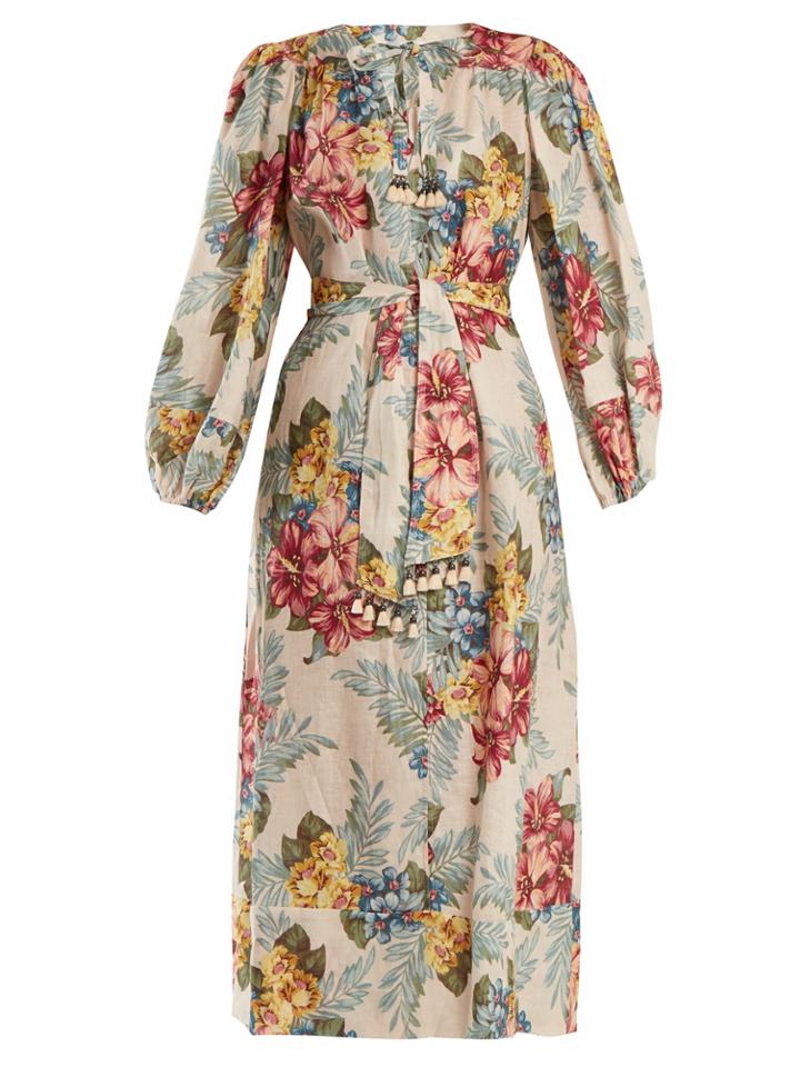 Zimmermann Kali Floral-print Tie-waist Linen Shirtdress