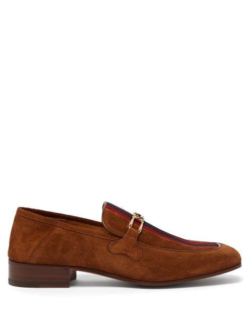 Matchesfashion.com Gucci - Phyllis Web-stripe Suede Loafers - Mens - Brown